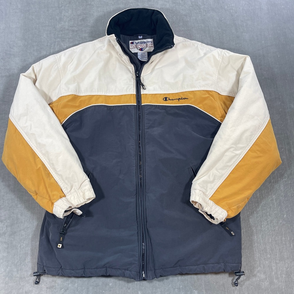 Vintage Champion Men's Medium Beige Yellow Colorblock Padded Winter Jacket Coat